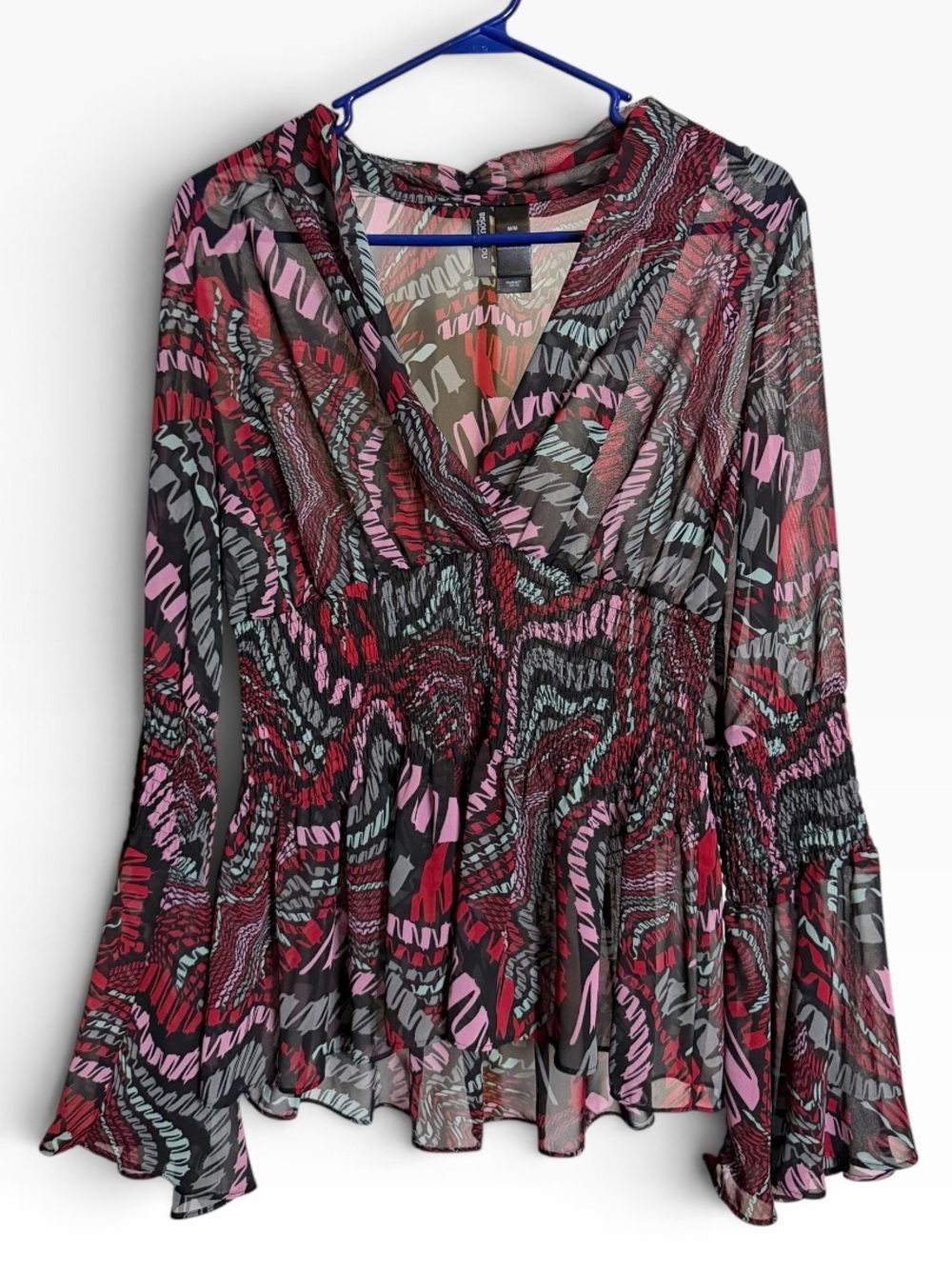 Bisou Bisou Printed V-Neck Sheer Blouse